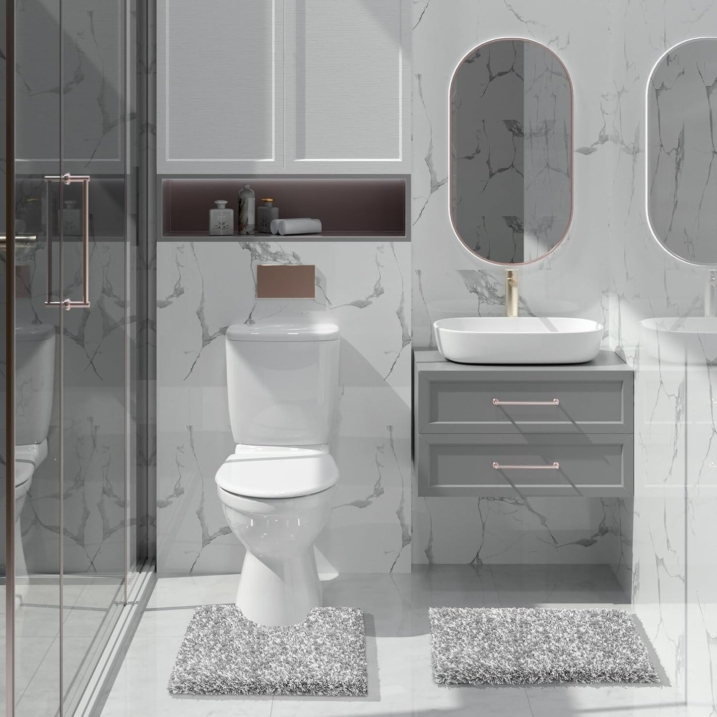 Bathroom Rugs Non Slip Washable 24X17, Ultra Soft and Water Absorbent Bath Mats, Plush Fluffy Shower Mat Outside, Microfiber Thick Matts for Bathroom Floor/Sink, Light Gray and White