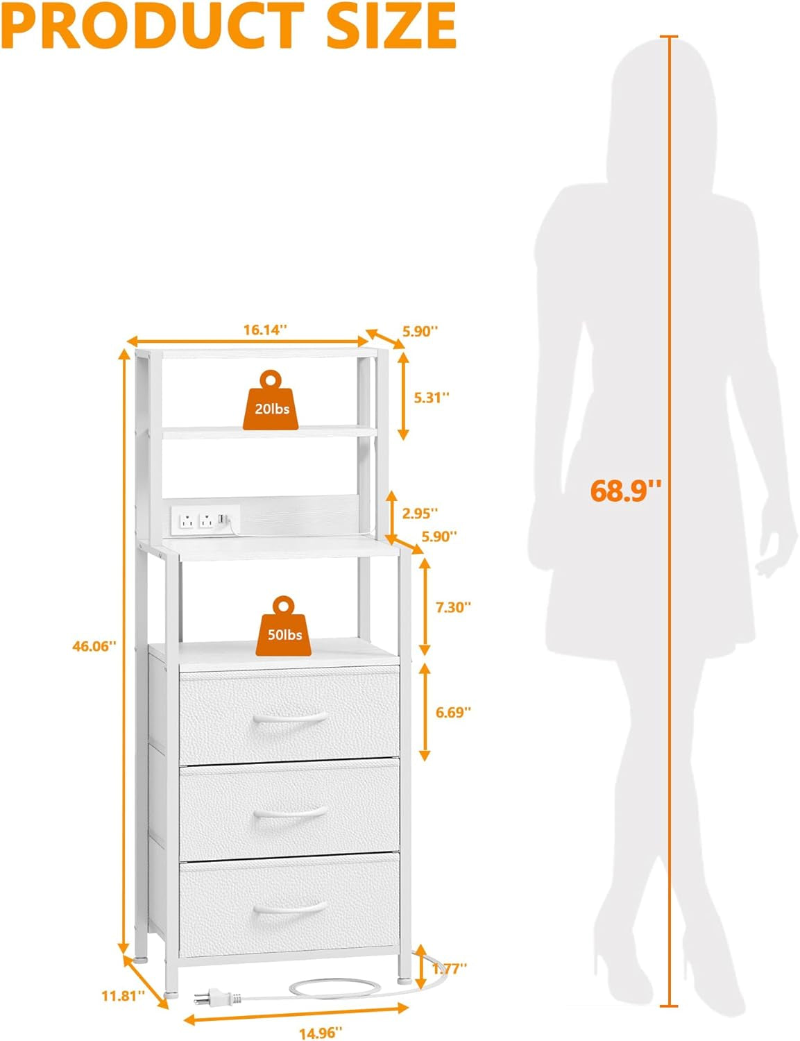 Elegant Bedside Nightstand with 4-Tier Shelving, 3 Fabric Drawers, LED Lighting, and Integrated Charging Station - Versatile Tall Table for Bedroom, Hallway, or Office in White