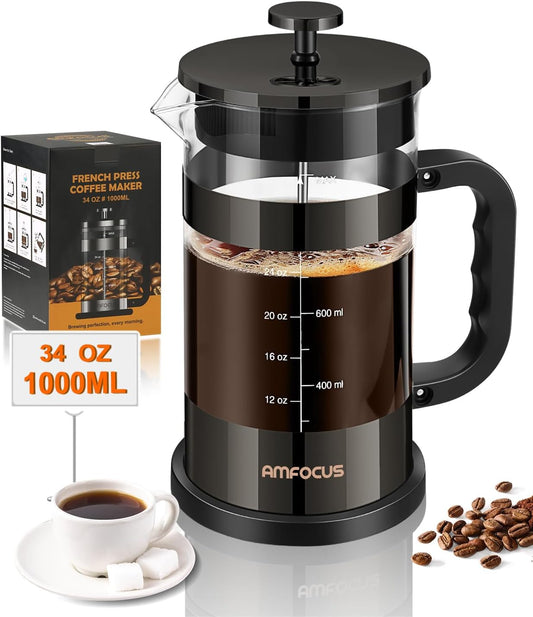 French Press Coffee Maker -34Oz Classic Coffee Press Heat-Resistant Borosilicate Glass Coffee Pot with 4-Level Disassemble Filters, Portable Cold Brew Coffee Maker for Travel Home(Dark Pewter)