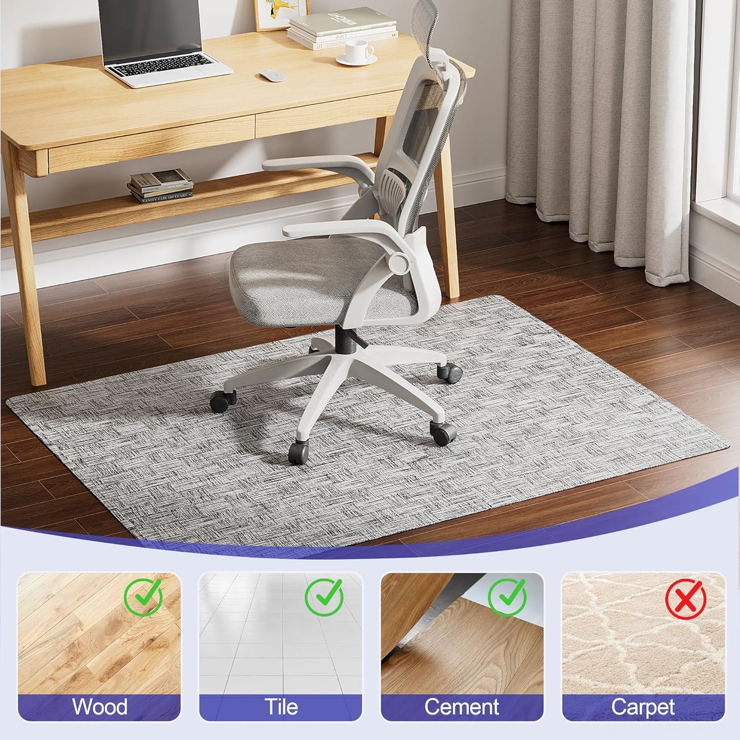 Office Chair Mat for Hardwood Floor, 30"×48" Non-Slip PVC Woven Computer Desk Chair Mat, Heavy Duty Hard Floor Protector for Rolling Chairs, Light Gray, Not for Carpet
