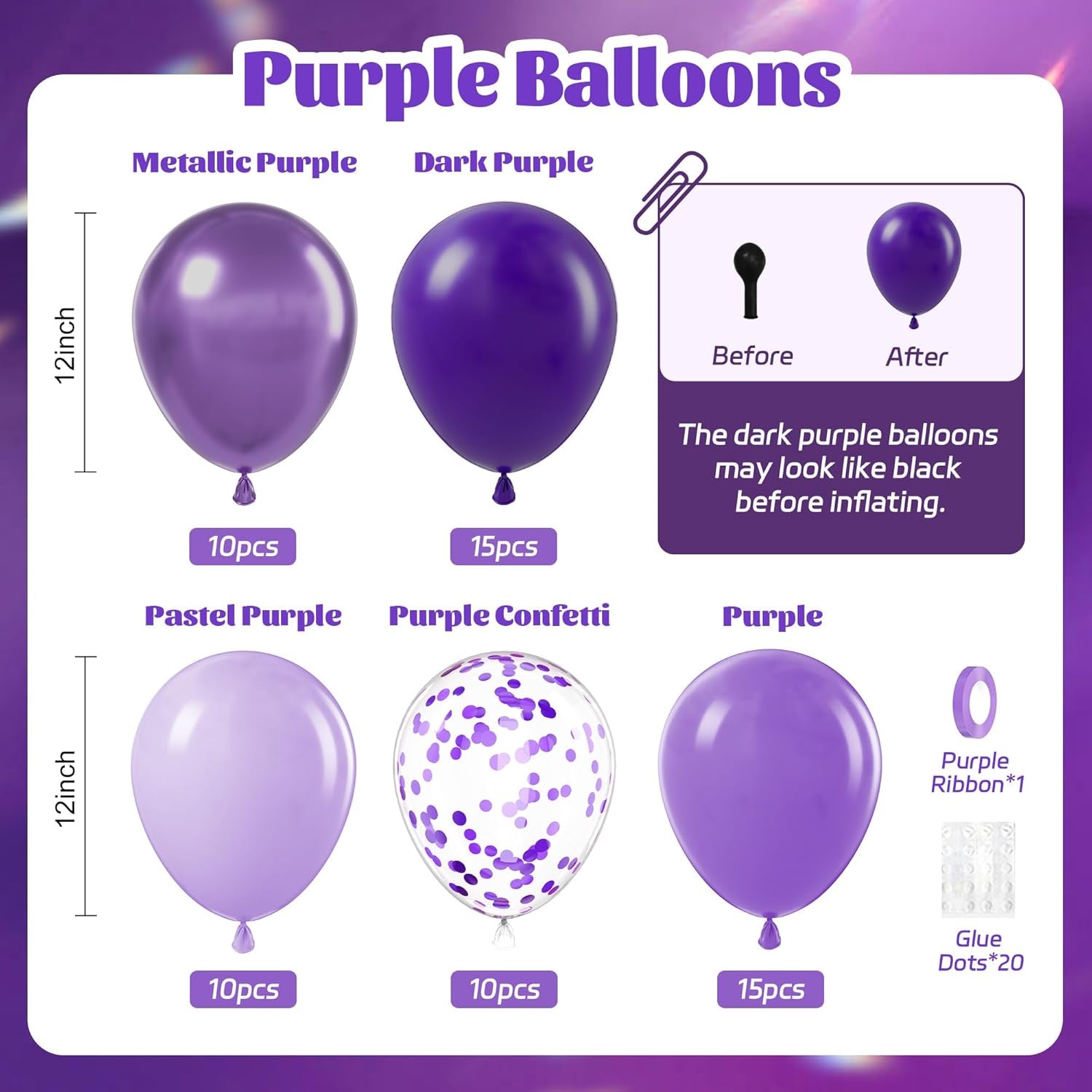 60Pcs Purple Balloons 12Inch with Metallic Pastel Dark Purple Confetti Balloons for Purple Birthday Wedding Baby Shower Party Decorations