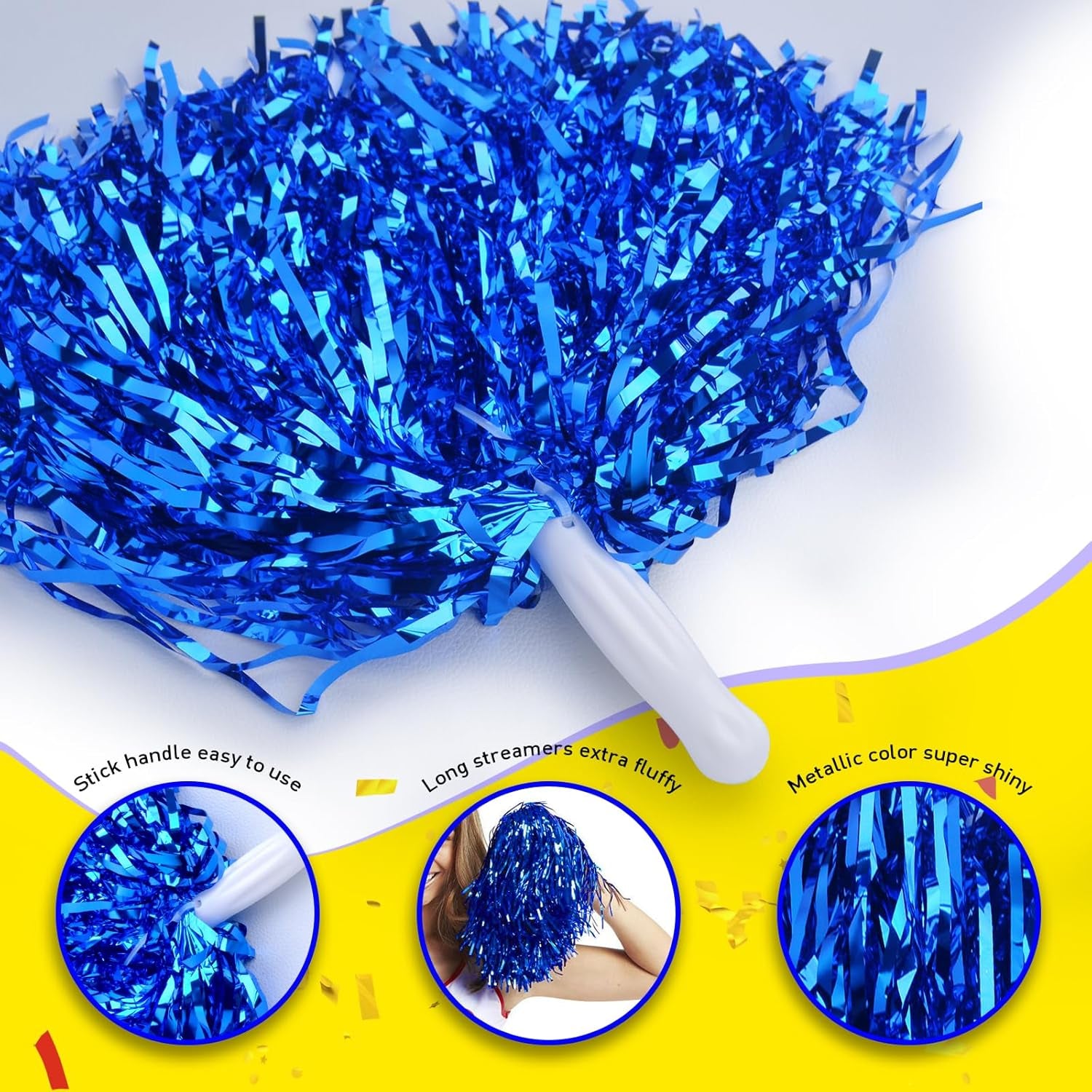 24Pcs Metallic Pom Poms Cheerleading with Baton Handle Cheer Pom Poms for Kids Adults Cheering Party Dance Sportsteam Spirit Sports(Blue)