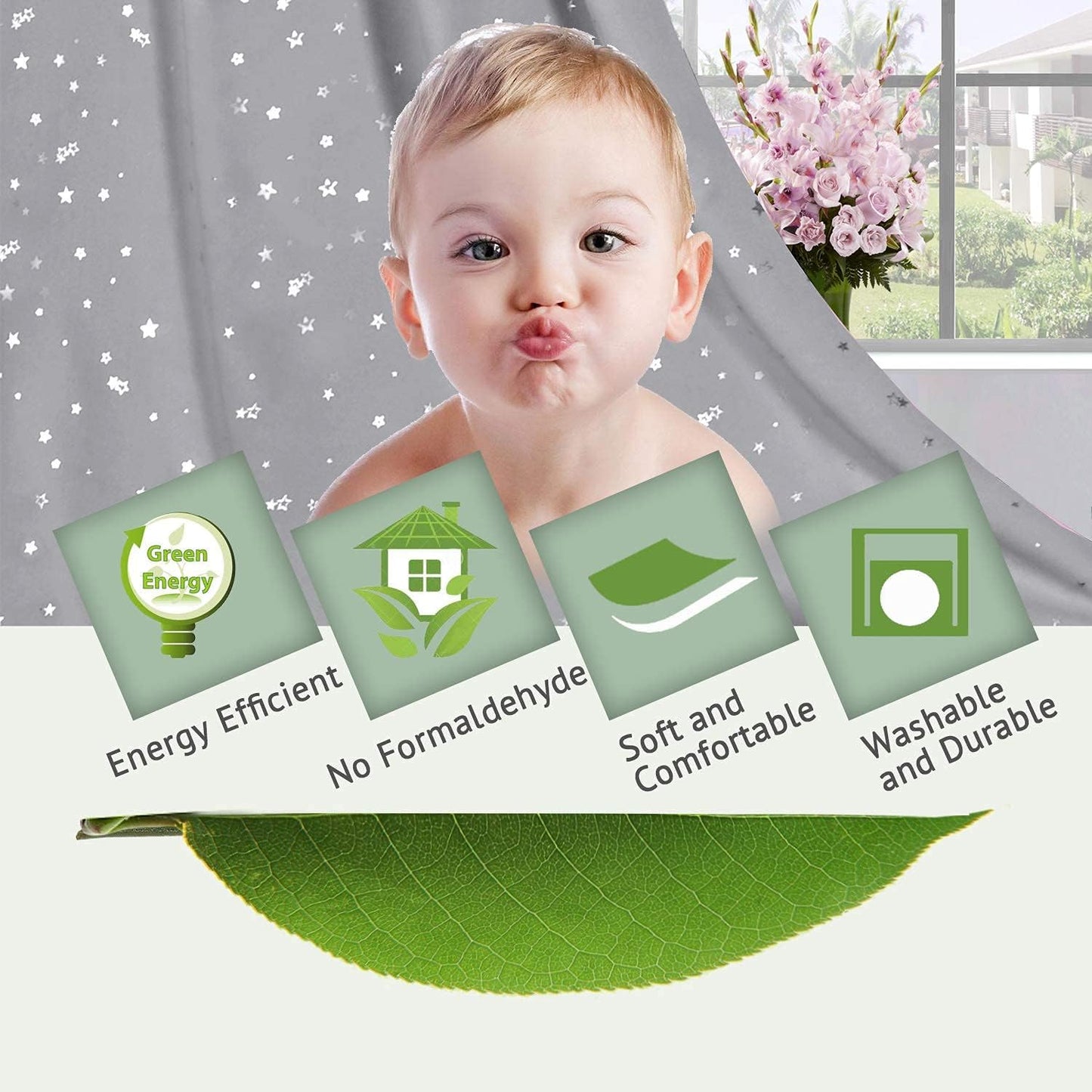 Blackout Star Curtains for Kids Room Boys Girls Twinkle Silver Stars Thermal Insulated Cute Thick Soft Curtain Drapes, Grommet Top, 1 Panel, 52" W X 63" L, Grey