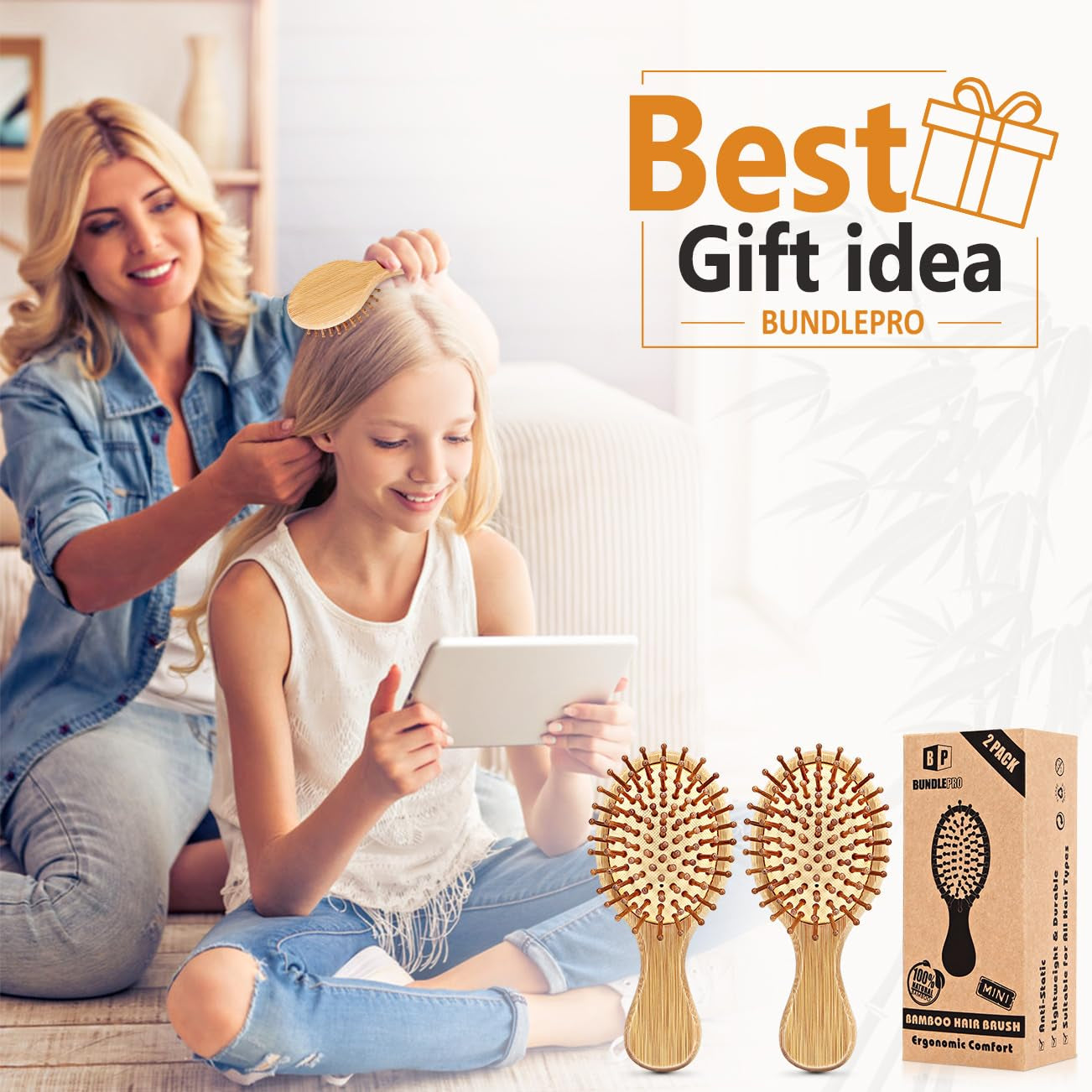 Pack of 2 Hair Brush with Natural Boar Bristles, Massages Scalp Anti-Static Hair Detangle for All Types, Lightweight(Mini)