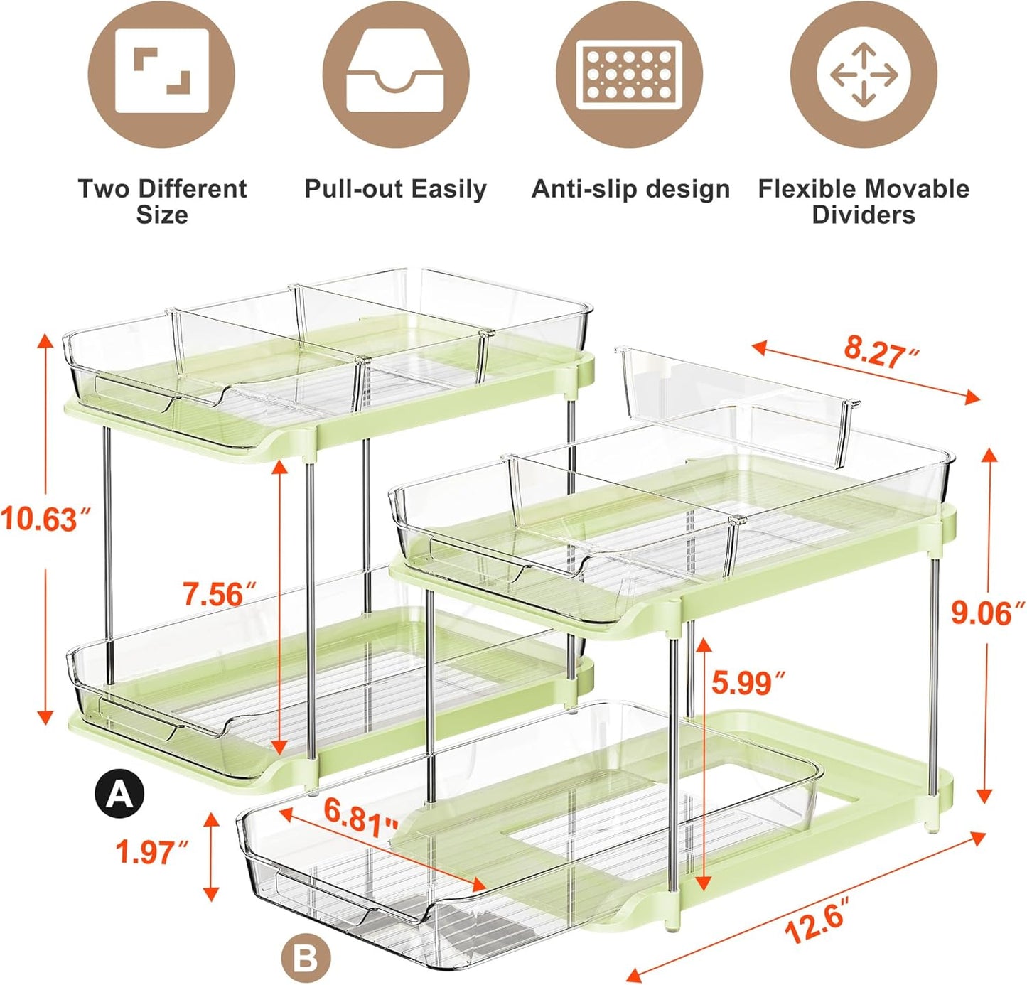 2 Sets of 2-Tier Multi-Purpose Bathroom under Sink Organizers and Storage, Stackable Kitchen Pantry Organization, Pull Out Medicine Cabinet Organizer with 8 Movable Dividers, Green