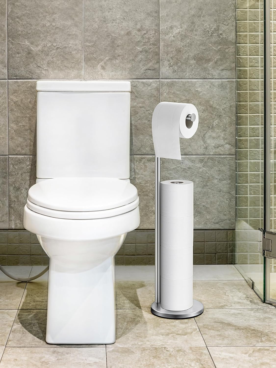 Toilet Paper Holder Stand, Bathroom Toilet Paper Holder Free Standing, 5-Roll Toilet Paper Stand with Suction Cups, Non-Slip Toilet Paper Roll Holder, Stainless Steel, Weighted Base, Silver