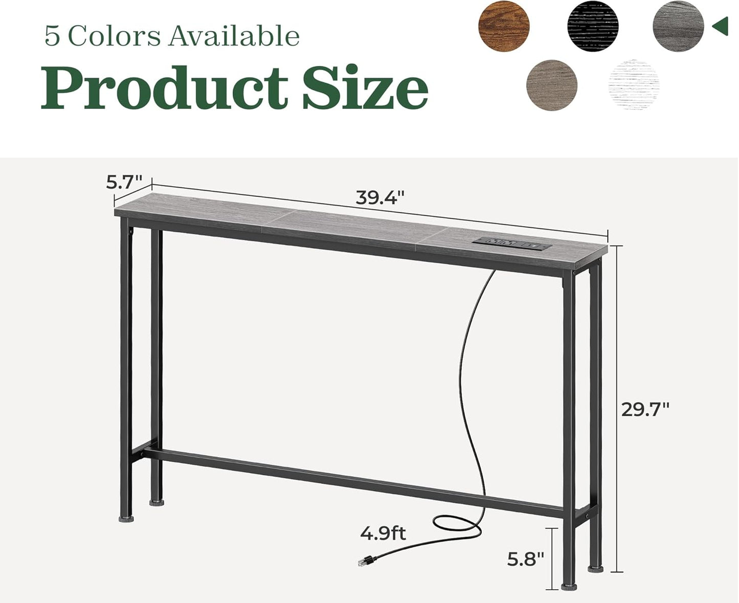 5.9-Inch Console Table with Integrated Charging Station, Sofa Table for Behind Couch, Metal Frame, Charcoal Grey Finish, Dimensions: 5.9 x 39.4 x 29.1 Inches
