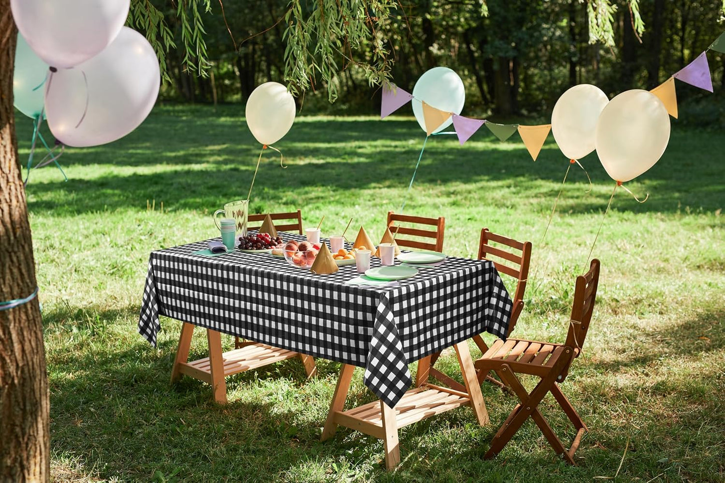 Plastic Table Cloth Disposable (12 Pack - 54X108 Inch) Black Check Rectangle Tablecloth Waterproof Stain Resistant Party Table Cover