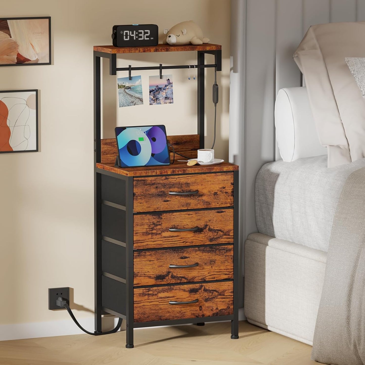 38-Inch Tall Nightstand with Charging Station, 4 Fabric Drawers, LED Lights, and Storage Shelf - Rustic Brown Metal Frame and Wood Shelves for Bedroom or Office