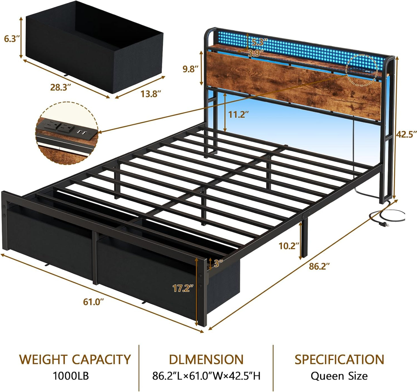 Queen Size Platform Bed Frame with Headboard, Integrated Storage Drawers, Charging Station, LED Lighting, No Box Spring Required, Noise-Free Design
