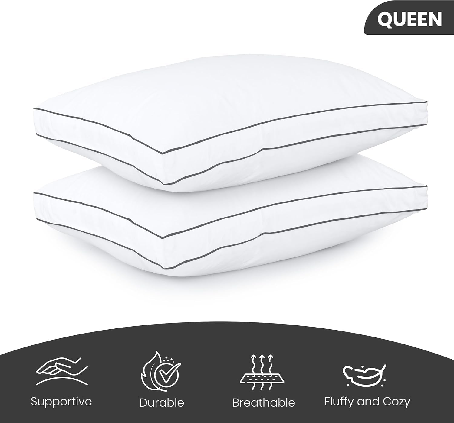 Bed Pillows for Sleeping Queen Size (Grey/White), Set of 2, Cooling Hotel Quality, Gusseted Pillow for Back, Stomach or Side Sleepers