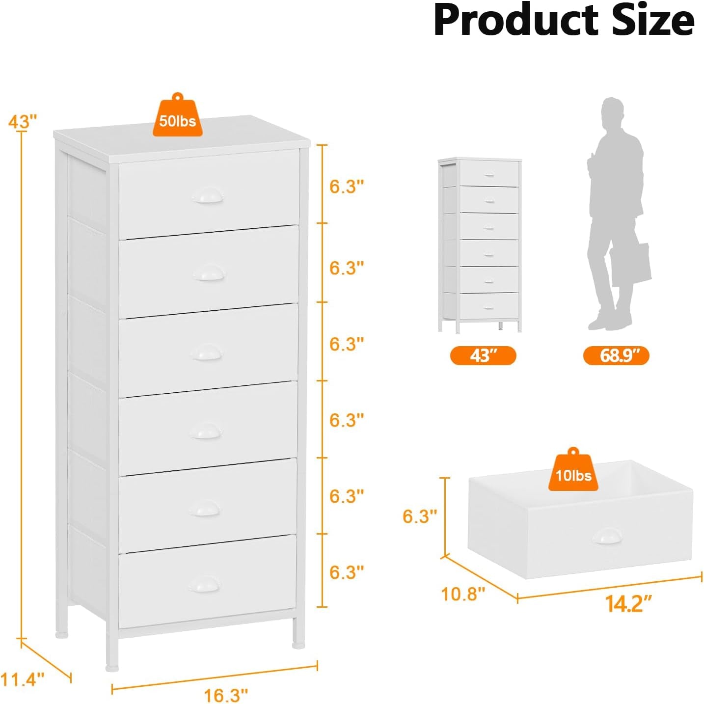 White Vertical Tall Dresser with 6 Fabric Drawers - Versatile Storage Tower and Nightstand for Bedroom, Living Room, Closet, Entryway, and Hallway