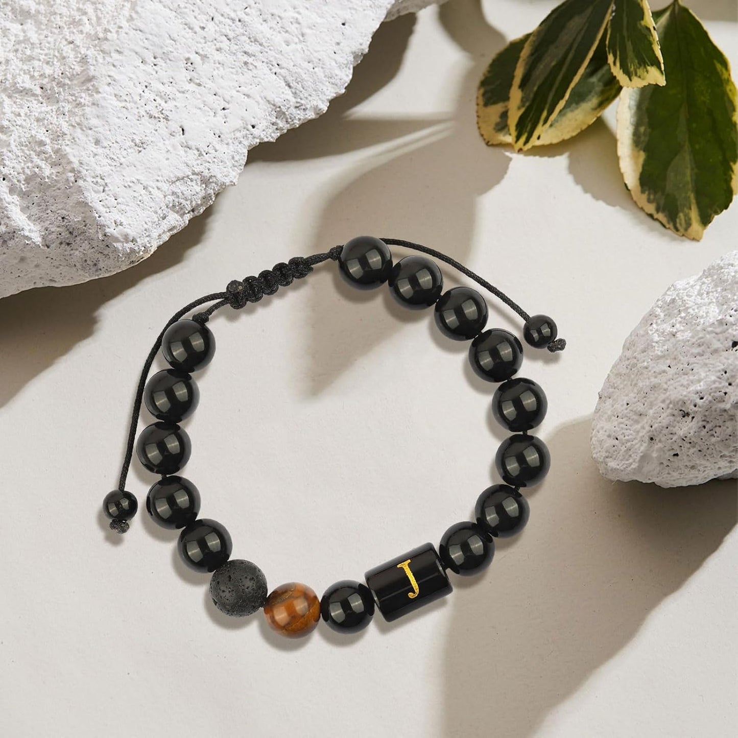 Christmas Gifts Initials Bracelets for Men Letter Link Handmade Natural Black Onyx Tiger Eye Stone Beads Braided Bracelet, Adjustable Charm Bracelet Jewelry Gifts for Him