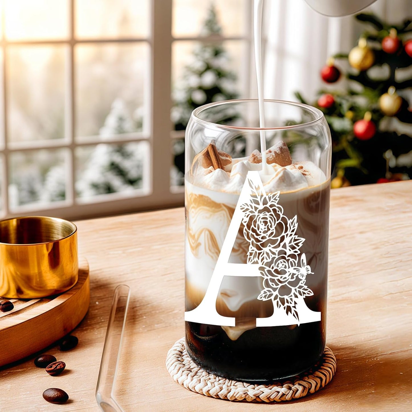 Gifts for Holidays,Birthday Gifts for Women,Personalized Initial Glass Cup as Iced Coffee Cups,Aesthetic Smoothie Cup Cute Beer Tumbler,16 Oz Glass Cups with Lids and Straws-A(1Psc)