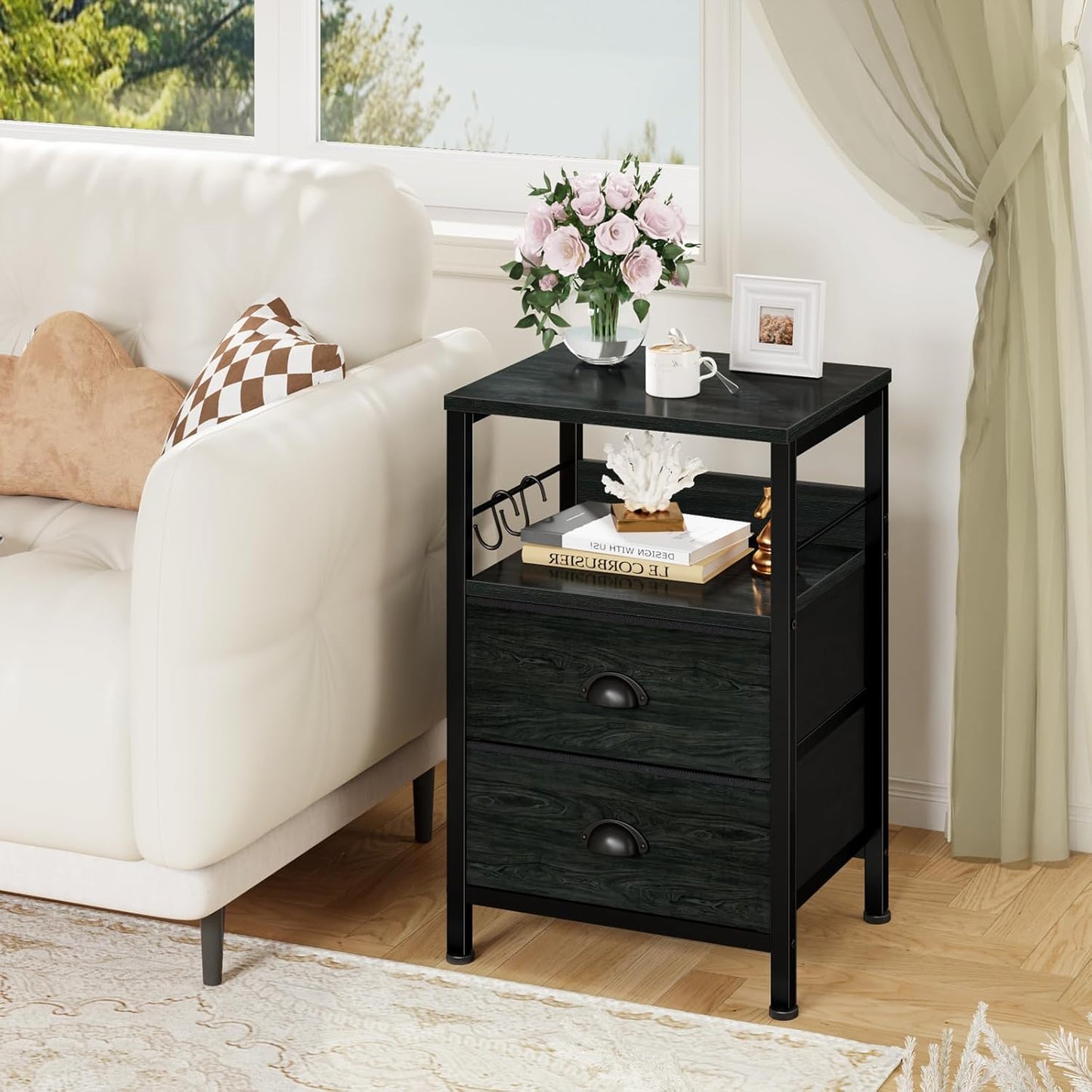 Nightstands Set 2, End Tables with 2 Fabric Drawers, Bedside Tables with Hooks and Shelf, Side Tables for Bedroom/Living Room/Study/Black Oak