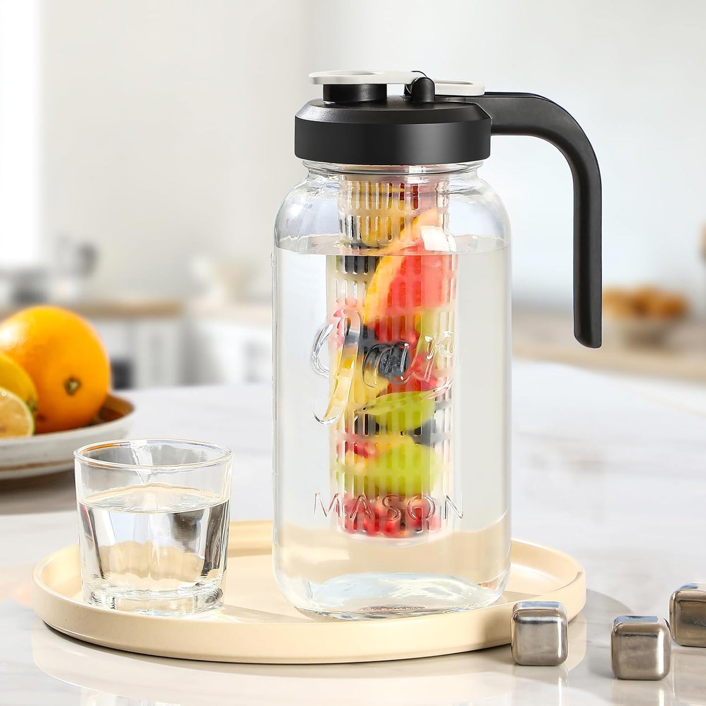 Heavy Duty Mason Jar Fruit Infuser Water Pitcher, Leak-Proof Glass Pitcher with Filter Lid, Wide Mouth Glass Jar - 2 Quart
