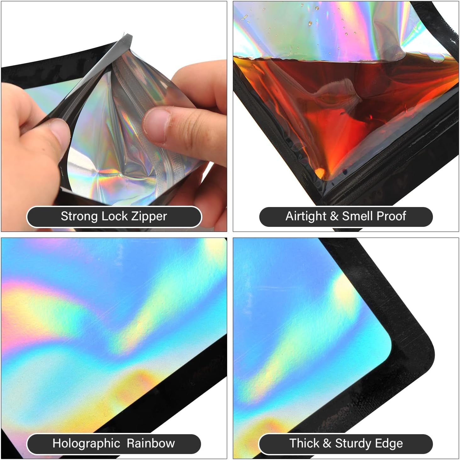 100-Pack 2×2 Inch Mylar Bags with Clear Window Holographic Resealable Sealable Packaging Zip Bag for Small Bussiness Jewelry Candy Sample Food Packing Supplies (Black)