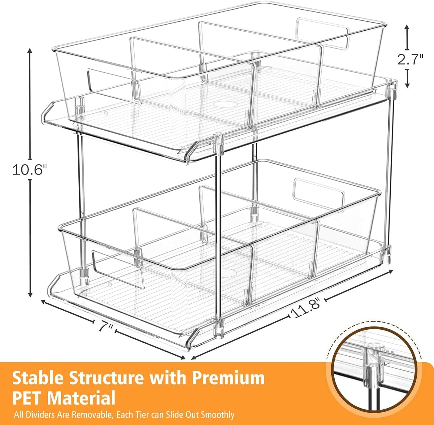 Pull-Out Home Organizer, 2 Pack 2 Tier Clear Bathroom Organizer with Dividers, Multipurpose Vanity Counter Tray, Kitchen, Closet Organizers, Cabinet & Storage Container Bins