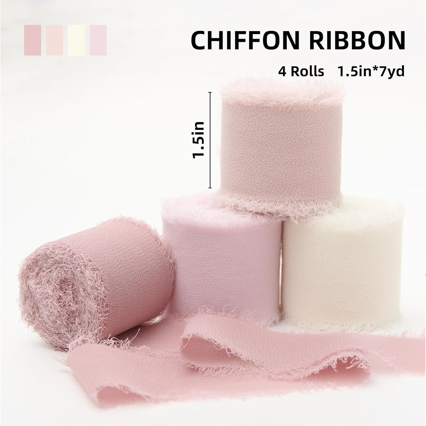Pink Chiffon Ribbon 1.5" X 28Yd Pink & Cream Fringe Chiffon Wedding Silk Handmade Ribbon Set 7Yd X 4 Rolls for Bridal Bouquets Wedding Invitations DIY Decor Gift Wrapping & Bow Making