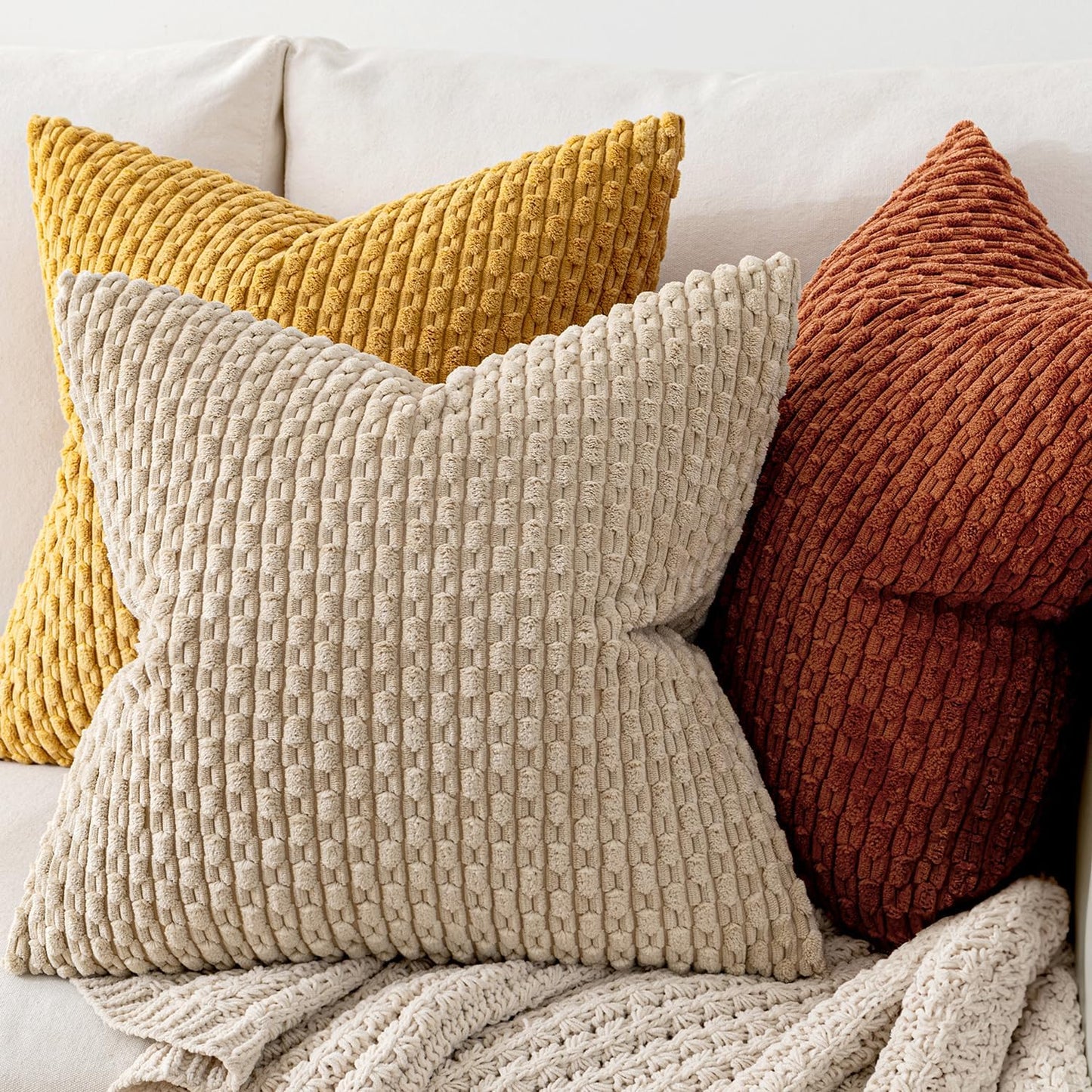 Fall Rust Throw Pillow Covers Soft Corduroy Decorative Set of 2 Boho Striped Pillow Covers Pillowcases Farmhouse Home Decor for Couch Bed Sofa Living Room 18X18 Inch