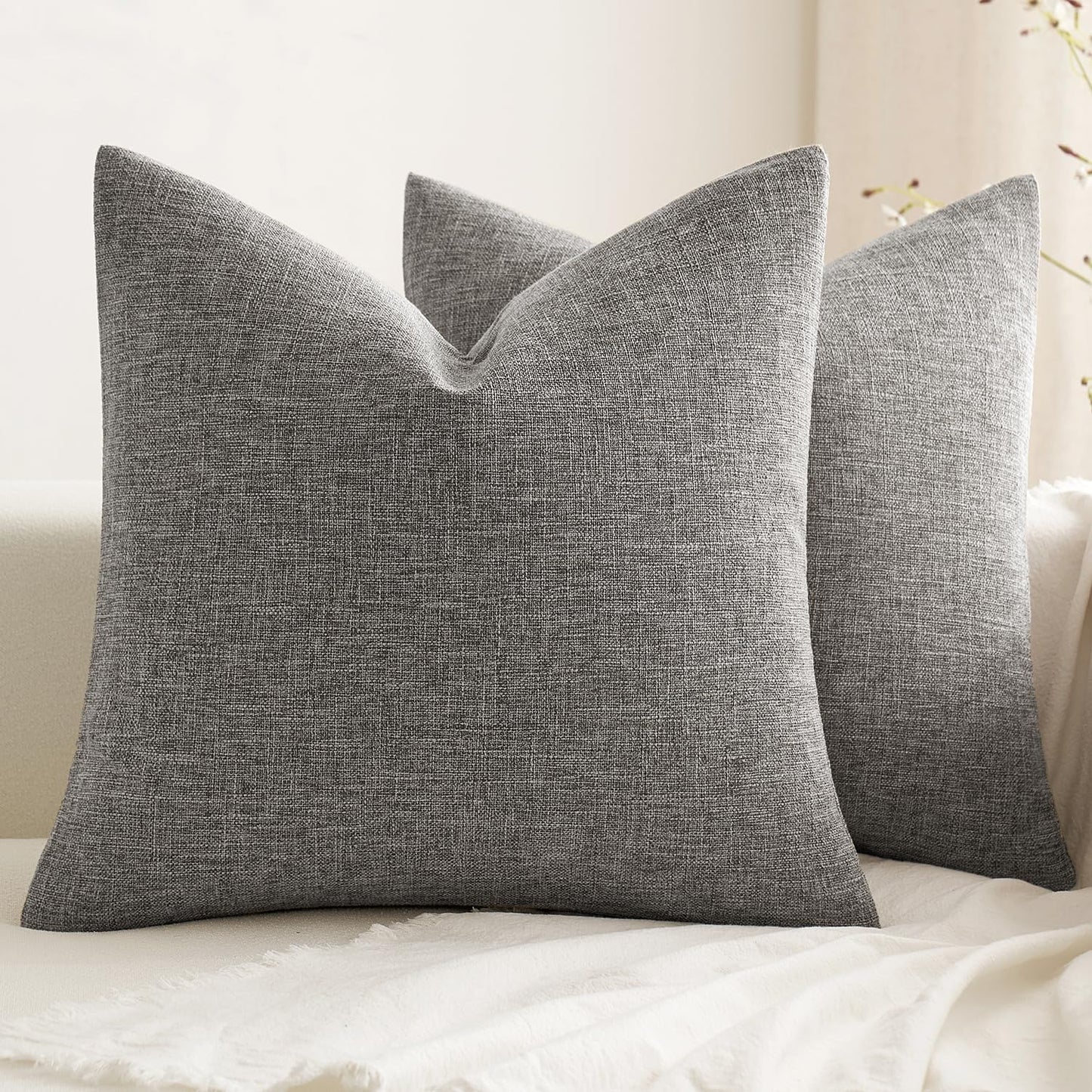 Pack of 2 Decorative Farmhouse Linen Pillow Covers Rustic Boho Accent Outdoor Couch Throw Pillow Covers for Cushion Bed Sofa Living Room Home Decor 18X18 Inch Grey