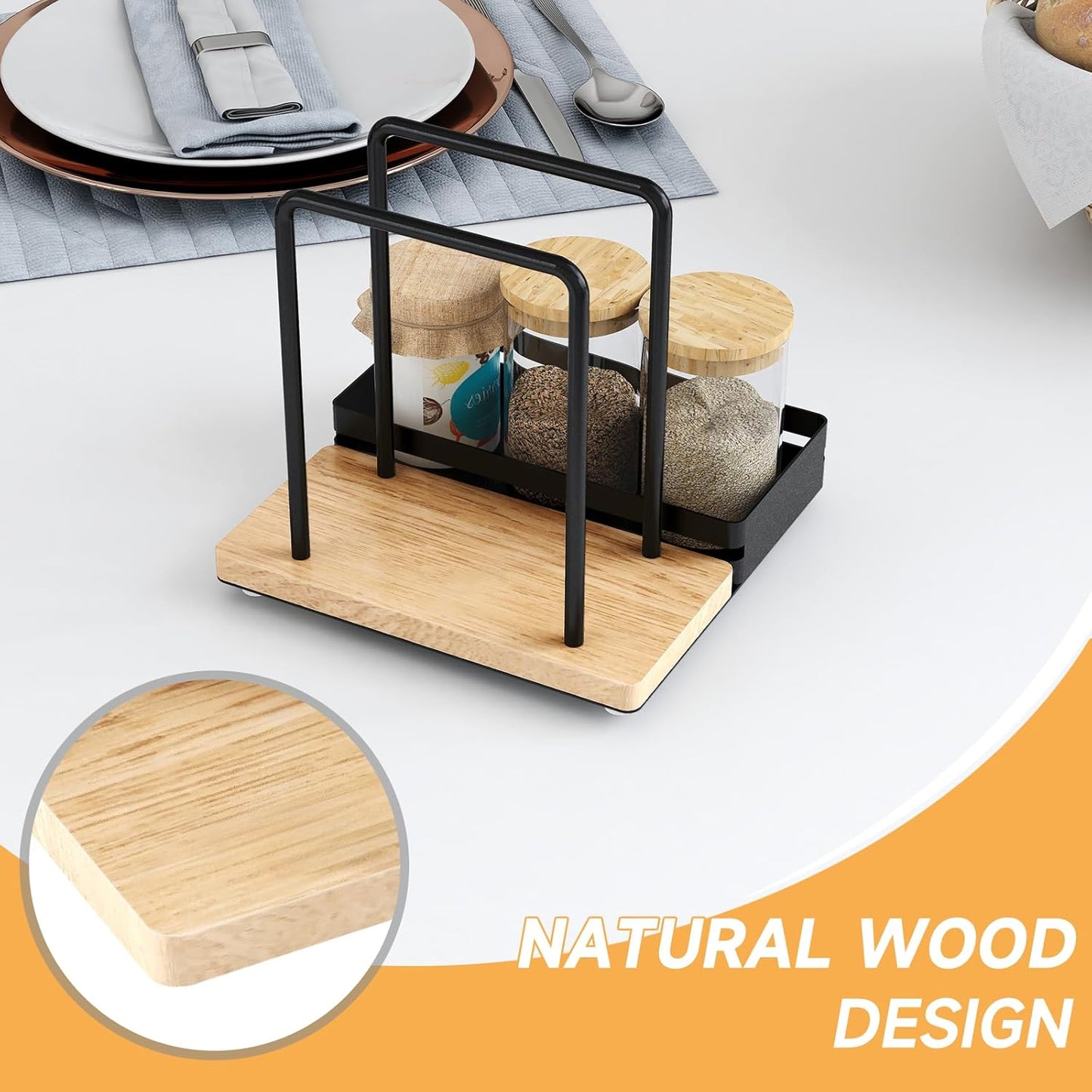 Napkin Holder, Wood Metal Napkin Holder for Table with Salt and Pepper Shakers Caddy, Standing Paper Napkin Dispenser for Kitchen Dining Countertop Decor, Wood & Metal Base, Black