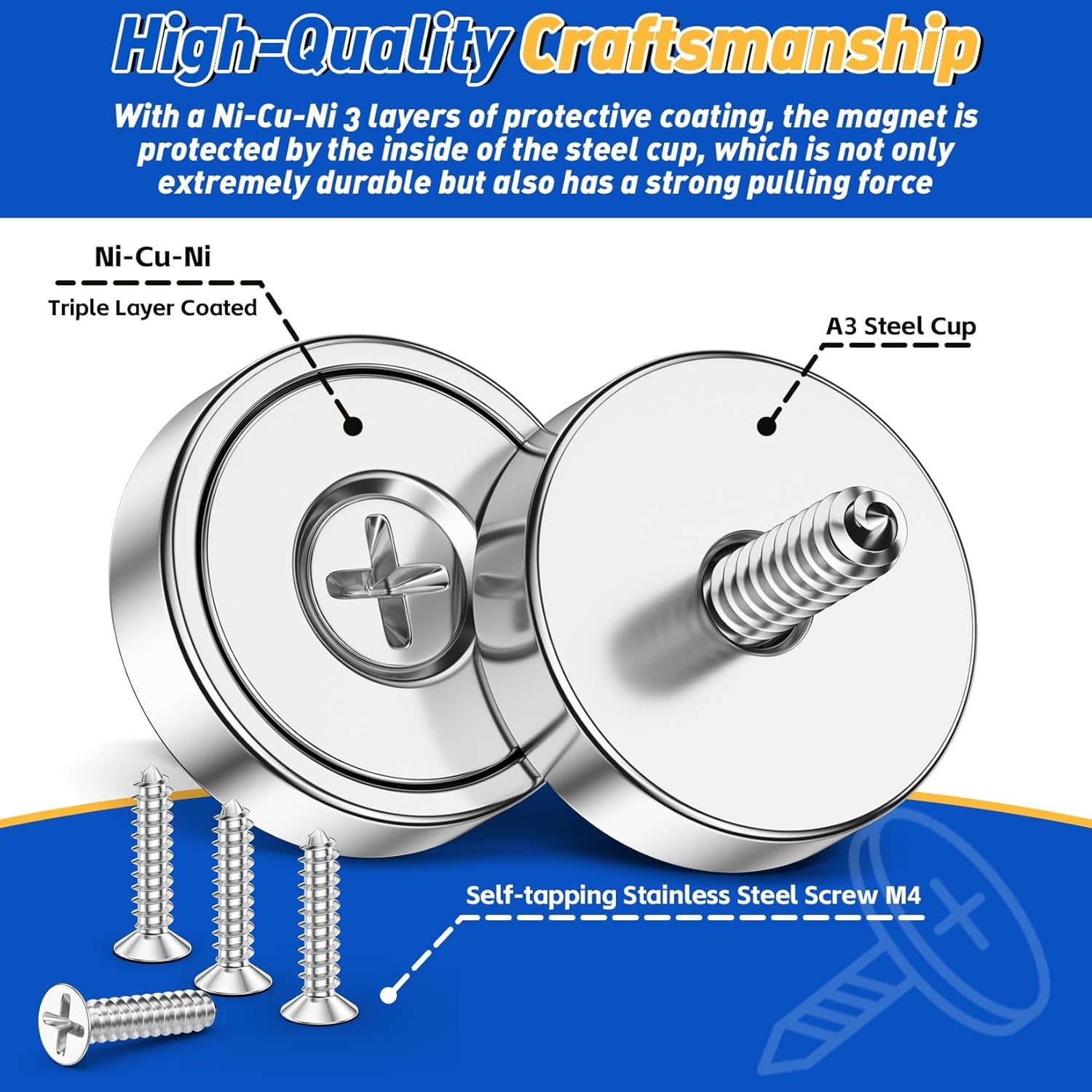 4 Pack Neodymium Cup Magnets, 30LBS Holding Force Strong Rare Earth Magnets with Heavy Duty Countersunk Hole and Stainless Screws for Refrigerator, Tool Room, Science, Craft, Office and Garage