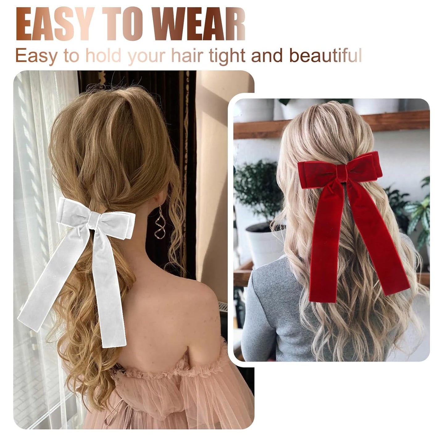 Velvet Hair Bows for Women Girls,3 PCS Black Red White Velvet Ribbon Bow Hair Clips with Long Tail,Hair Bows Barrettes for Thick Thin Hair,Nonslip Hair Accessories Christmas Birthday Gifts