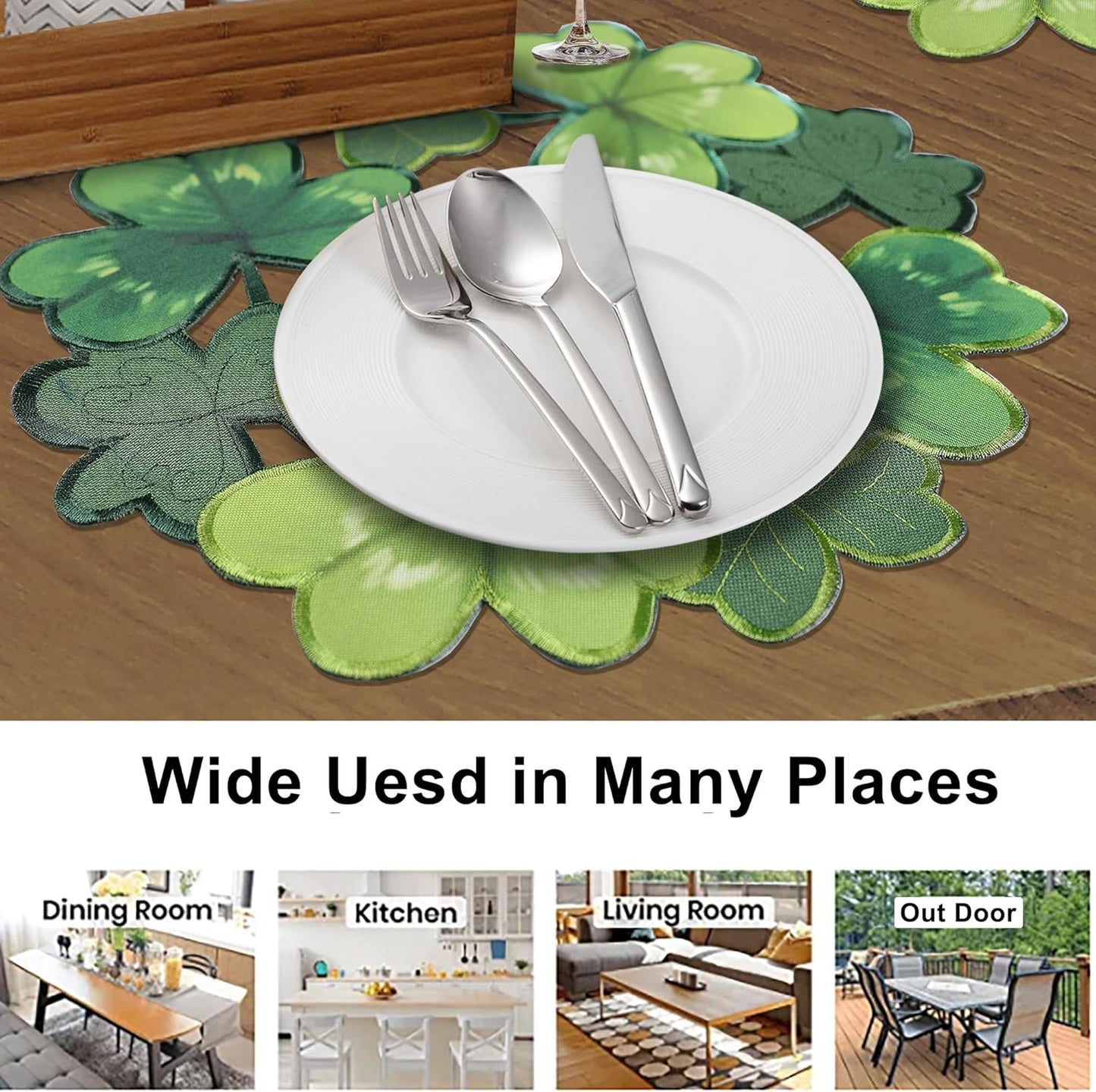 St. Patrick'S Day Placemats Set of 4, round Placemats Applique Embroidered Cutwork Spring Placemats with Irish Clover for Dining Irish Shamrock Spring Festival Tabletop Decor (15"RD, 4Pcs)