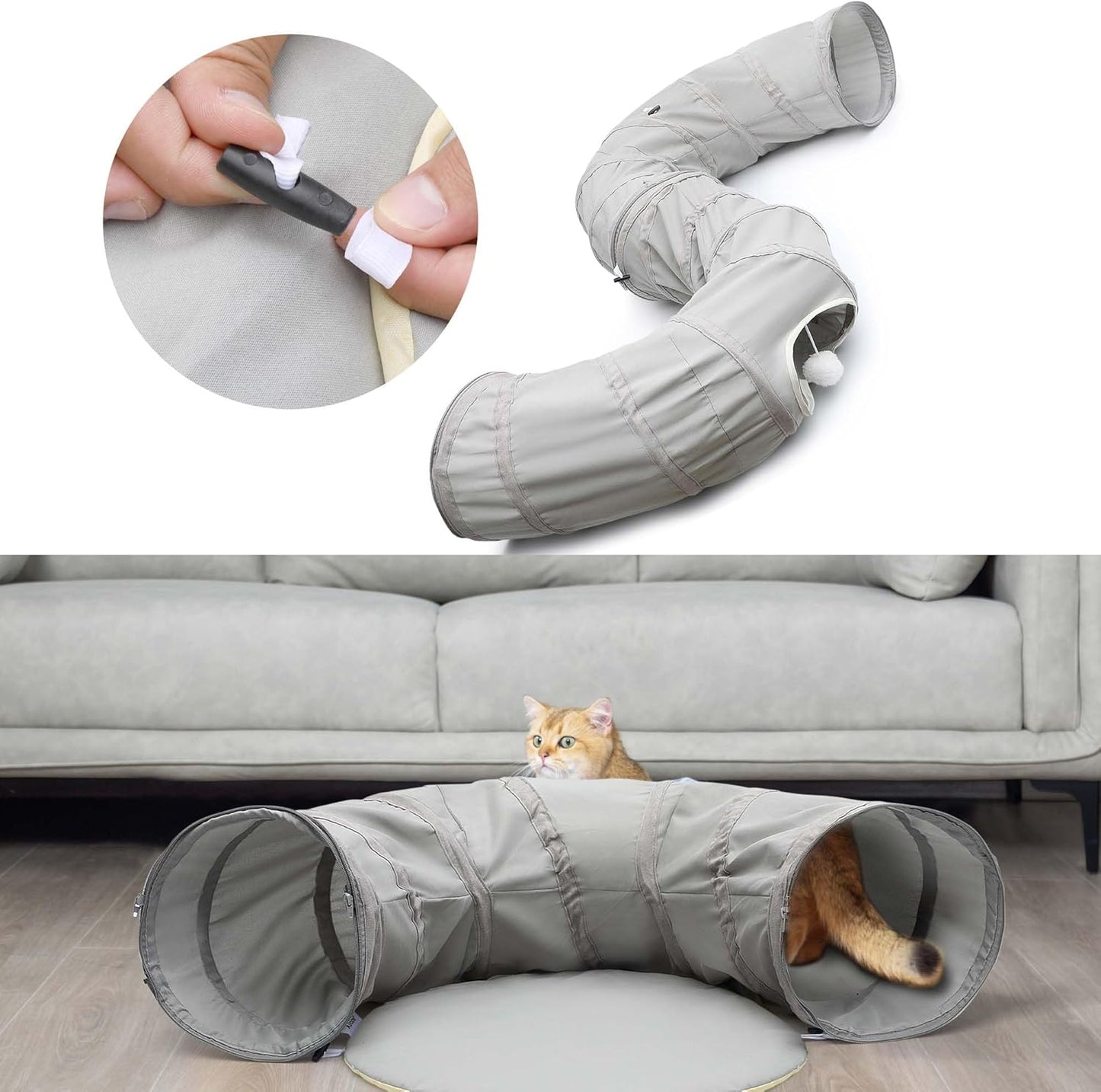 Cat Play Tunnel - round Cat Tunnel with Bed | Interactive Cat Toys for Indoor Cats Kitten Kitty Puppy Rabbit Ferret (Light Grey)