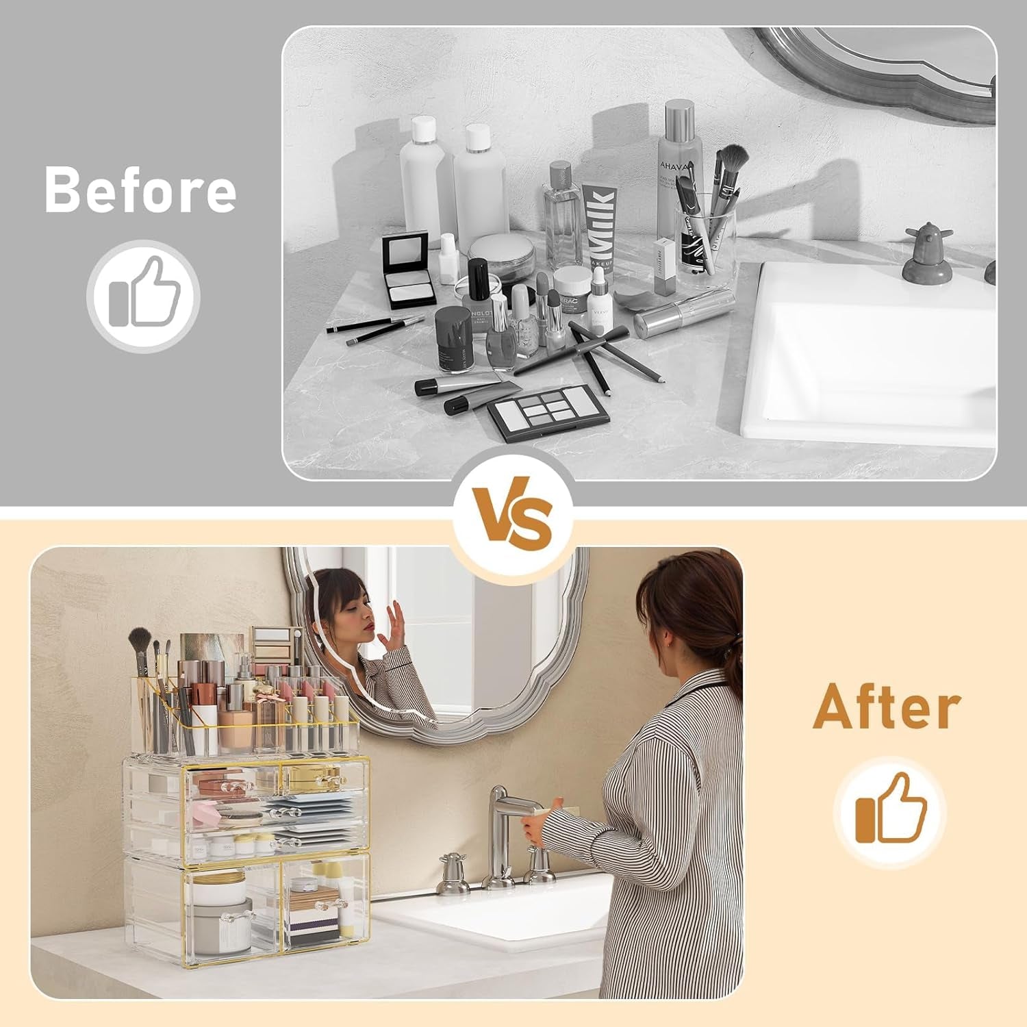 3-Tier Acrylic Makeup Organizer Countertop - Cosmetic Organizer with 6 Drawers, Vanity Organizer for Bathroom/Bedroom, Stackable Makeup Organizers for Lipstick Brush, Skincare, Perfume, Clear