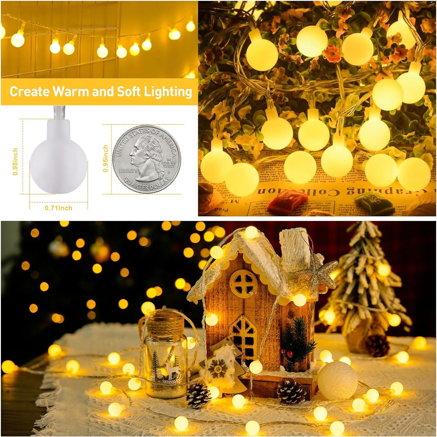 100 LED Connectable Globe String Lights Indoor Bedroom, 33Ft Warm White Christmas String Lights Plug in with Remote, 8 Modes Hanging Fairy Lights Outdoor for Room Classroom Dorm Party Decor