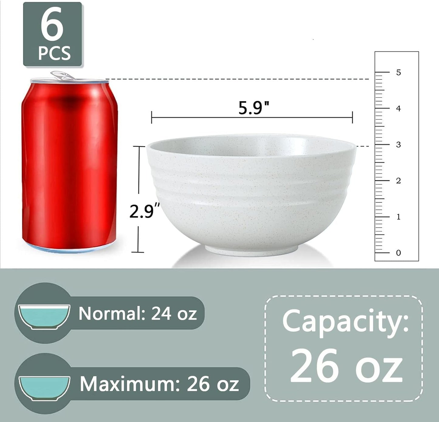 【NOT Ceramic】Unbreakable Cereal Bowls, 25 OZ Wheat Straw Bowls Microwave and Dishwasher Safe Bpa-Free Eco-Friendly Bowl Beige Color for Cereal, Serving ,Soup, Oatmeal, Pasta and Salad(Set of 6)