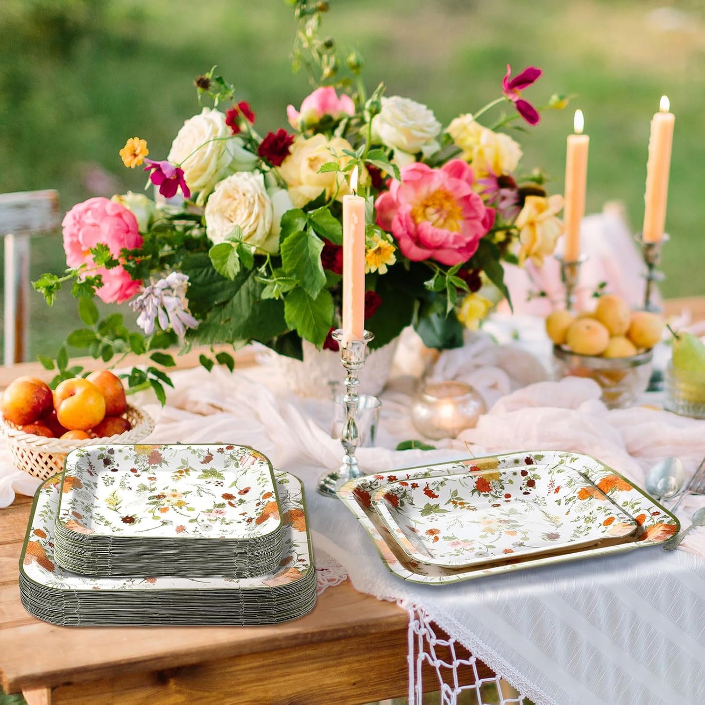 100-Piece Floral Disposable Paper Plate Set - 9'' Dinner Plates and 7'' Square Dessert Plates for Weddings, Birthdays, Baby Showers, and Parties (Green, Pastel Wildflower)