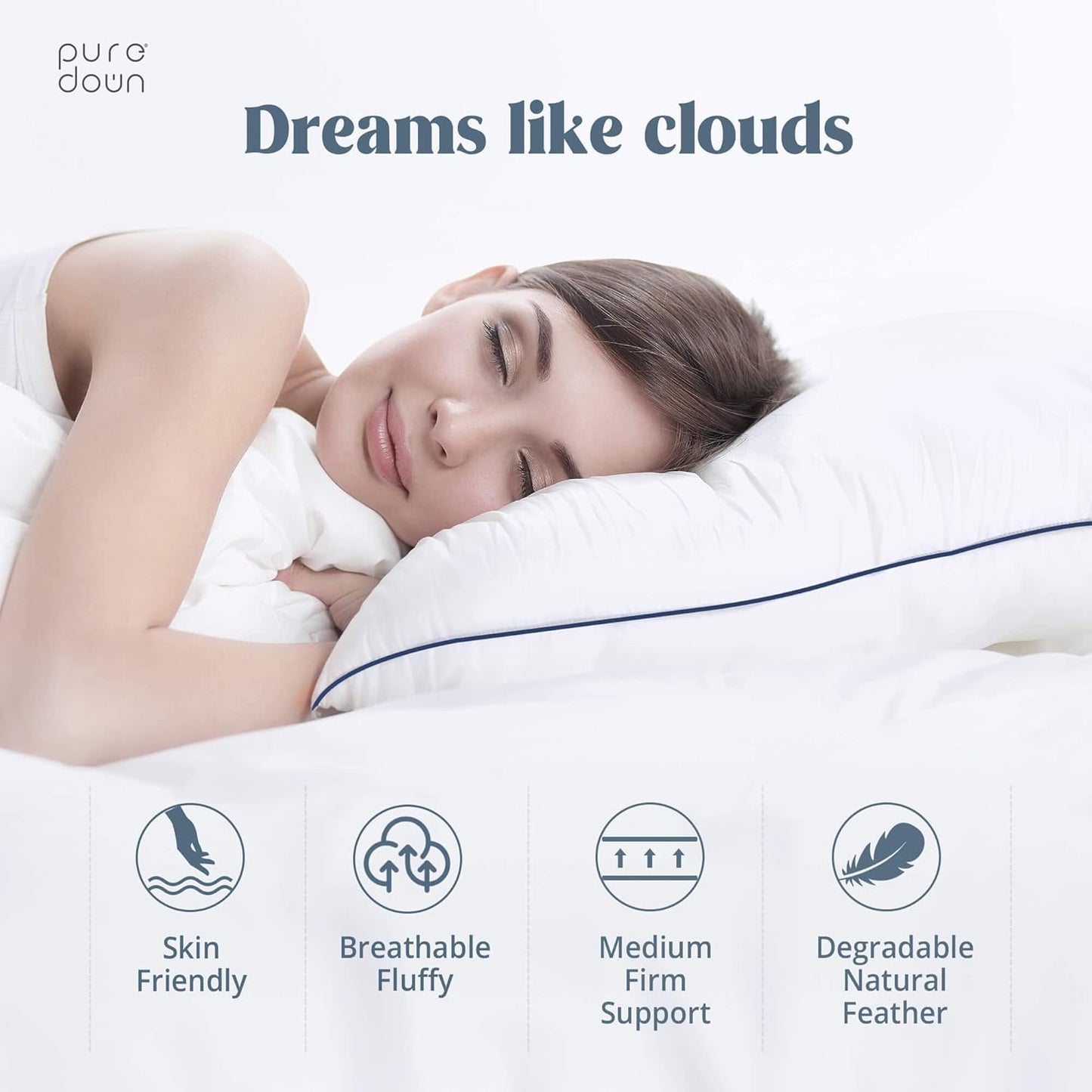 ® Premium White Goose Feather and down Pillows, 2 Pack Luxury Bed Pillows for Sleeping with 100% Cotton Cover, Standard Size, Navy