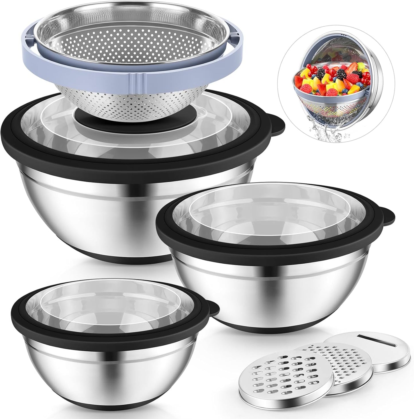 Mixing Bowls with Lids Set of 3, Stainless Steel Mixing Bowl and Colander for Kitchen, 3 Grater Attachments & Non-Slip Bottoms, Visible & Airtight Lid, Black