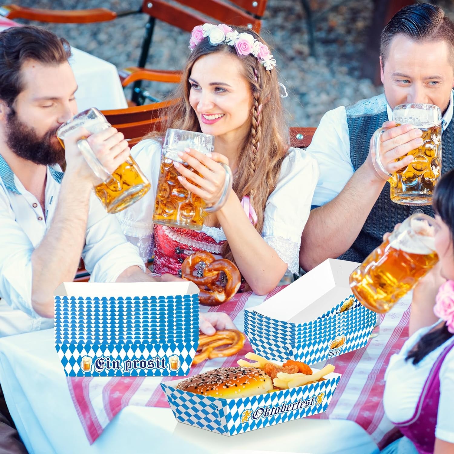 50 PCS Oktoberfest Paper Food Tray, Blue White Oktoberfest Party Supplies with 3 Designs, Disposable Oktoberfest Decorations, Fold-To-Assemble Boat Beer Festival Food Tray for Bavarian Celebration