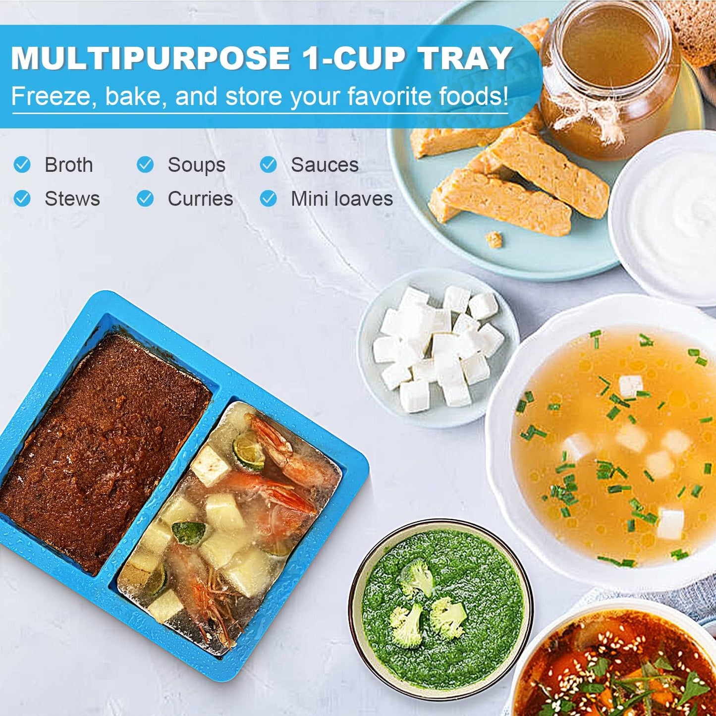 Extra-Large Silicone Freezing Tray with Lid, 1-Cup Freezer Tray for Soup, Silicone Soup Freezer Container for Storing and Freezing Soup, Broth, Sauce and Ice, 2 Pack
