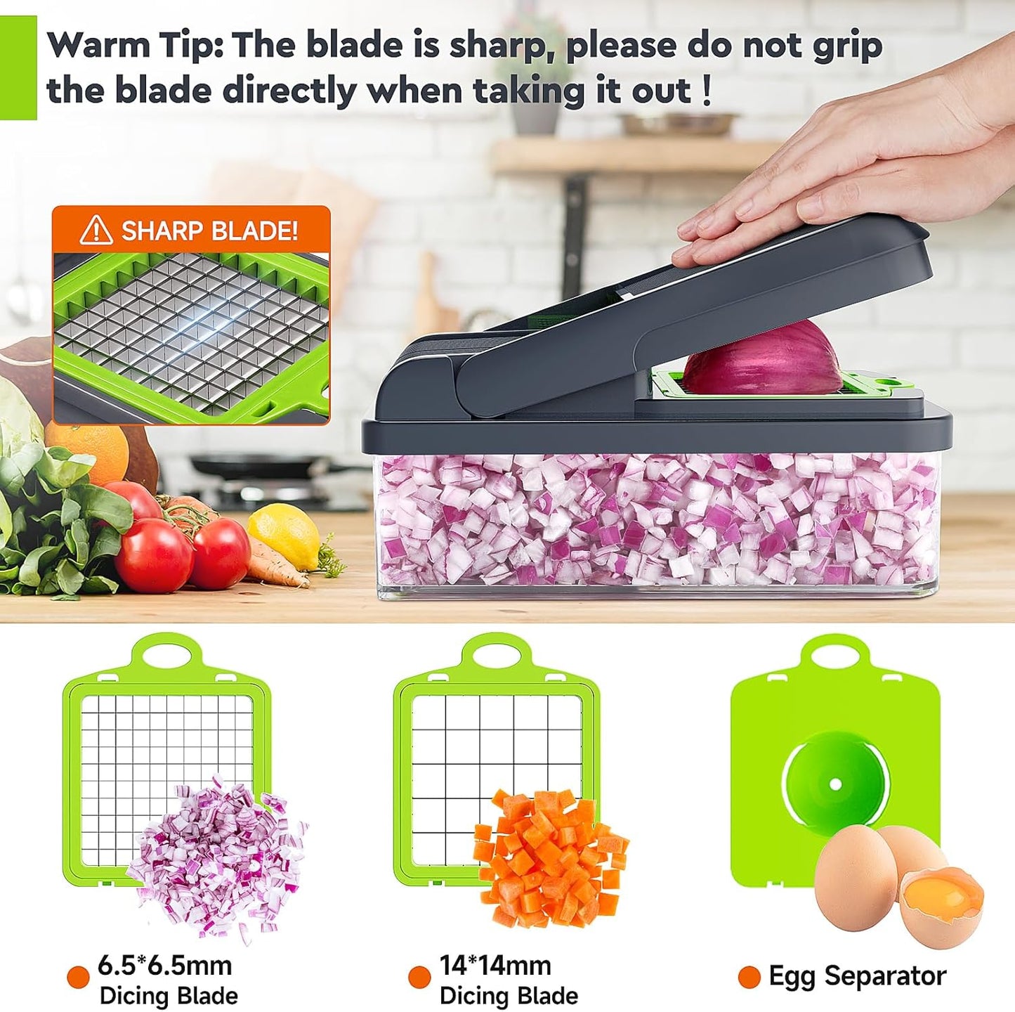 12-in-1 Vegetable Chopper with 7 Blades and Container, Versatile Food Preparation Tool, Cheese Grater, Essential Kitchen Gadget (Green/Grey)