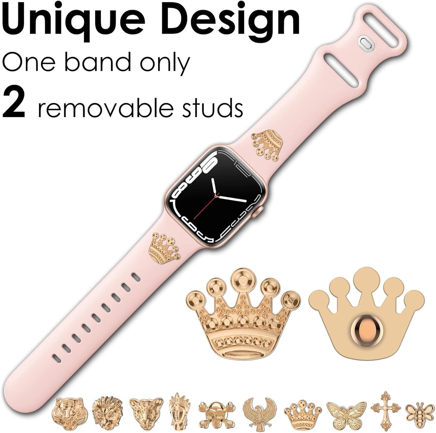 Designer Silicone Watch Bands with Studs Compatible with Apple Watch Band 38Mm 44Mm 40Mm 45Mm 41Mm 42Mm 46Mm 49Mm, Sport Straps Decorative Charms Nails for Iwatch Ultra/2/3 SE/3 Series 11/10/9/8/7/6/5/4/3/2/1