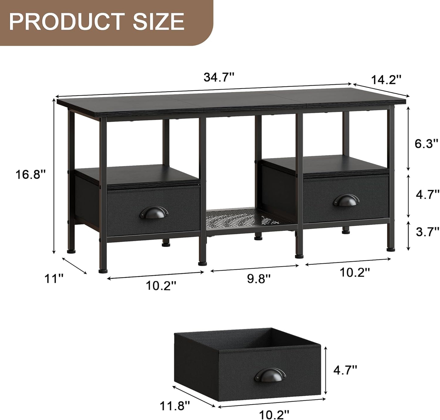 35" Coffee Table with 2 Storage Drawers, Small Coffee Tables for Living Room, Modern Center Table with 2 Tier Shelf, Black