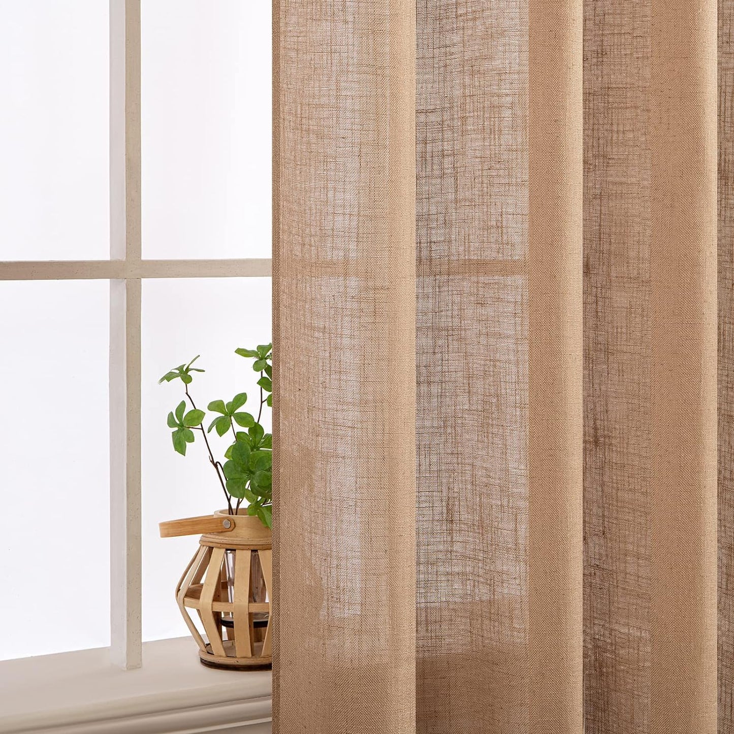 Brown Thick Linen Curtains 84 Inch Length for Bedroom Living Room, Linen Textured Window Drapes Semi Sheer Light Filtering Grommet Top Burlap Look, 2 Panels, Width 38 X Length 84 Inches
