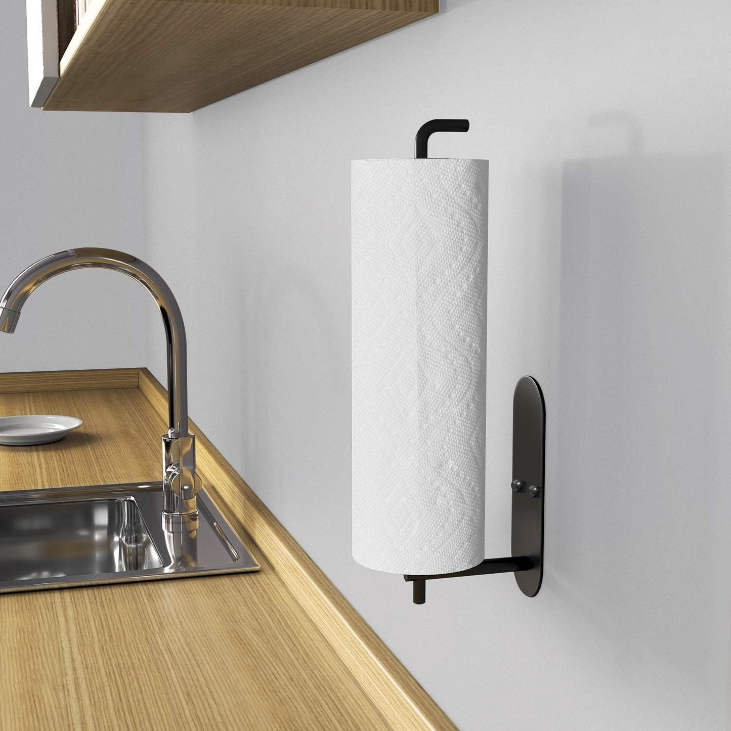 Self Adhesive Paper Towel Holder under Cabinet Mount, Wall Mounted Paper Towel Roll Holder for Kitchen, Bathroom, Wall - SUS304 Stainless Steel (Black)