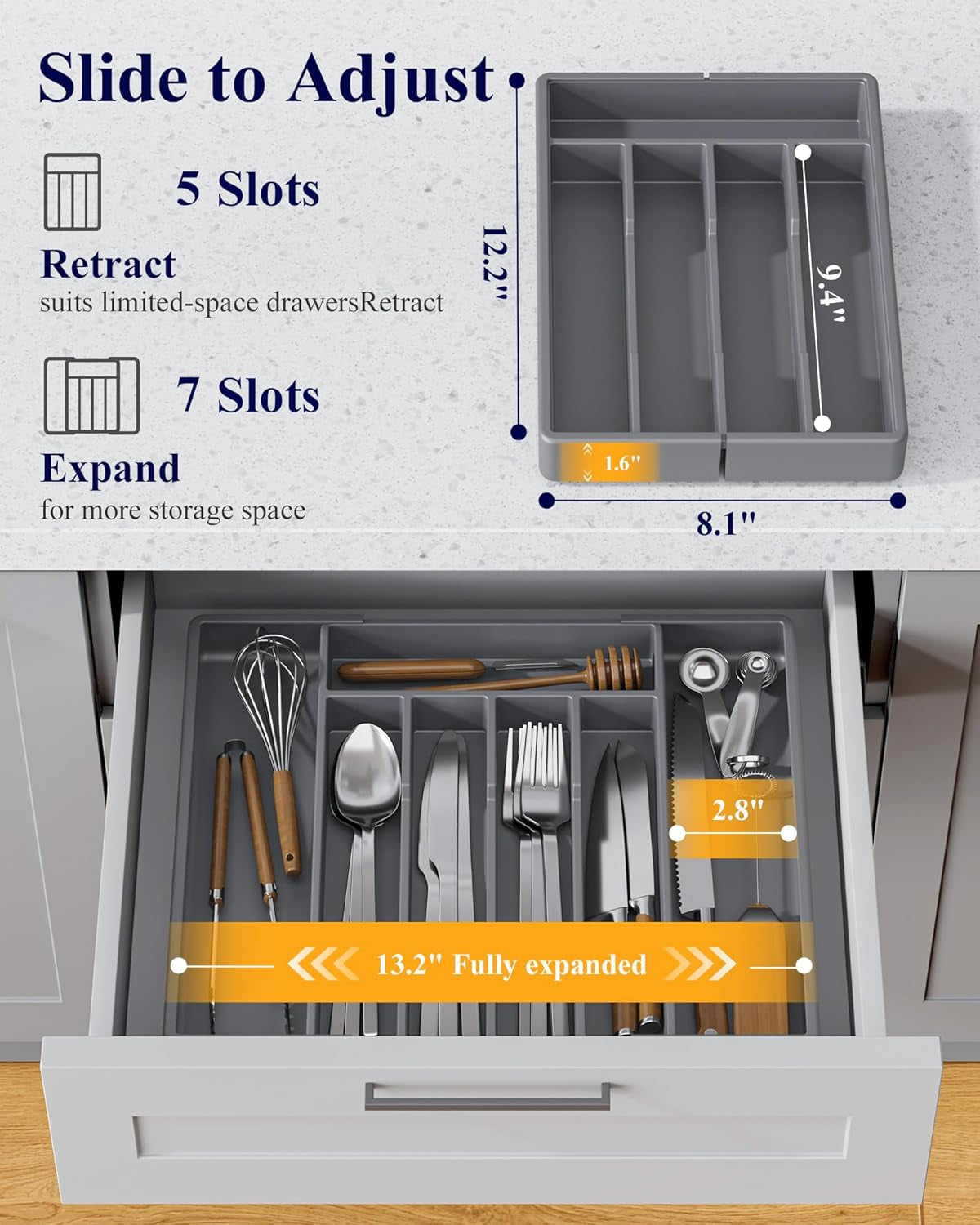 Silverware Organizer for Drawers - Expandable Cutlery and Utensil Drawer Organizer with Easy Maintenance, Premium PP Kitchen Organizers and Storage for Flatware, Grey, 13.2" X 12.2" X 1.6"