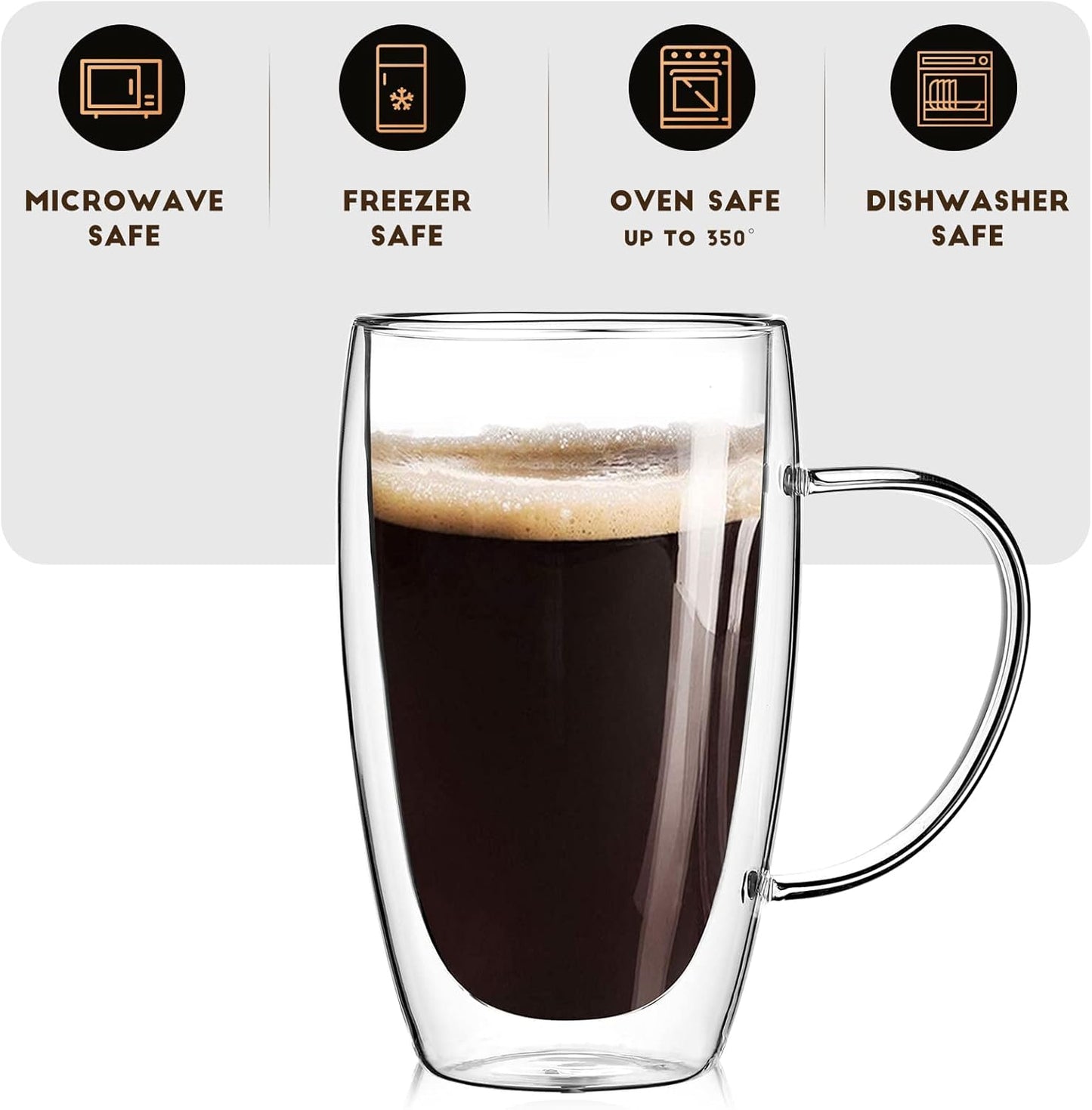 2-Pack 15 Oz Double Walled Glass Coffee Mugs with Handle,Large Insulated Layer Coffee Cups,Clear Borosilicate Mugs,Perfect for Cappuccino,Tea,Latte,Espresso,Hot Beverage,Wine,Microwave Safe