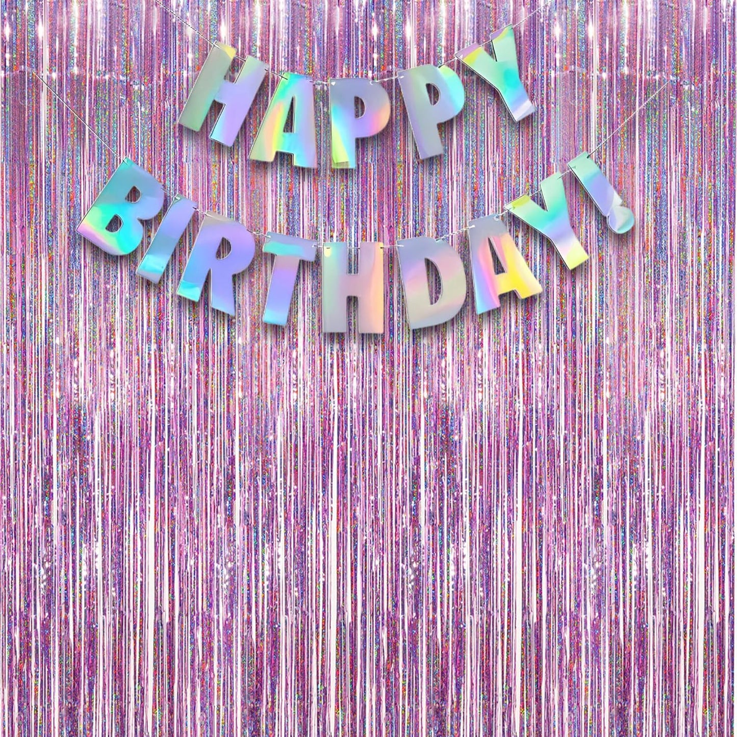 Pink Tinsel Curtain Party Backdrop and Holographic Banner for Party Supplies