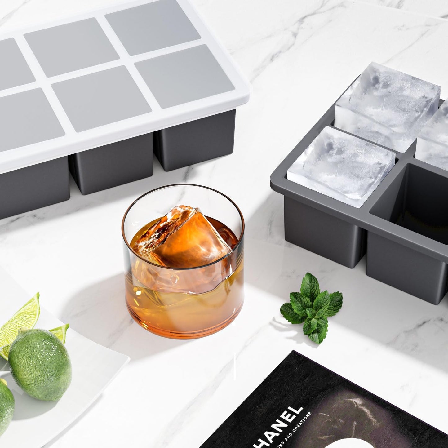 Large Ice Cube Tray for Whiskey: Silicone Ice Cube Trays with Lid - 2Pack Big Square Old Fashioned Ice Cube Maker for Cocktail - 2Inch Huge Cubed Ice Trays for Whisky