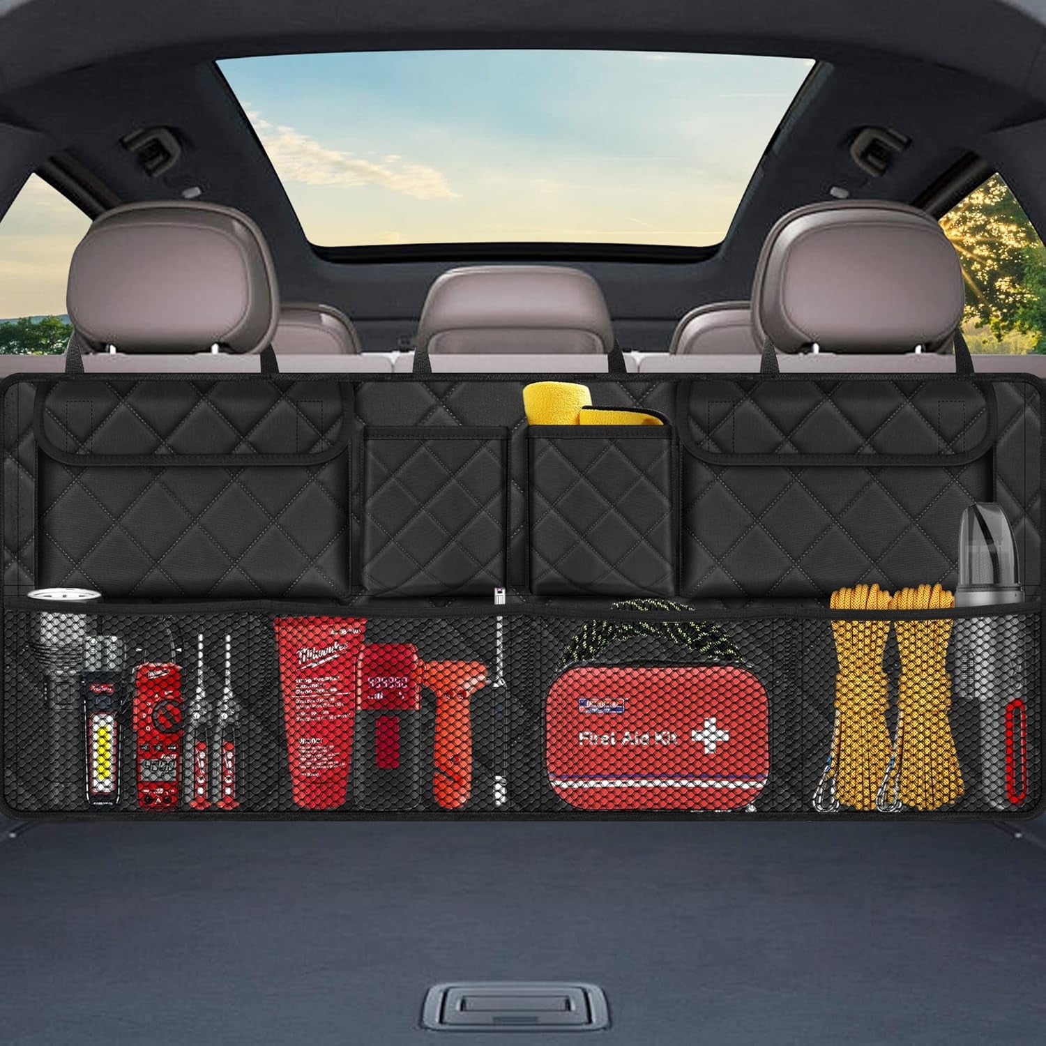 Car Trunk Organizer, Large Capacity Backseat Trunk Organizer (42"*18"), Collapsible Car Storage Bag with 8 Pockets, Suv/Mpv/Truck - Black