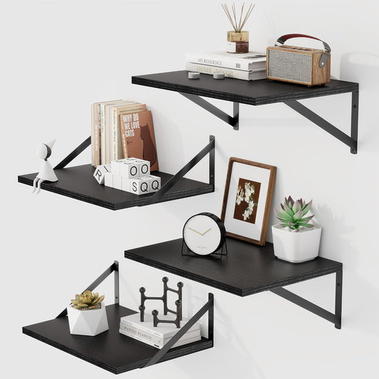 16W X 12D Wall Shelves, 12 Inch Deep Floating Shelves for Wall Set of 4, Wide Heavy Duty Wall Mounted Shelves, Black Floating Shelves for Living Room Bedroom Bathroom Kitchen