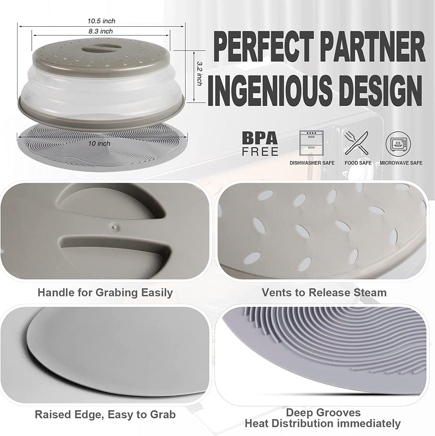 2 in 1,  Microwave Place Mat & Food Cover- Mat as Bowl Holder, for Splatter Guard, Multi-Use: Silicone Trivet, Pot Holders, Drying, Baking, Utensils Rest for Kitchen Counter, Grey